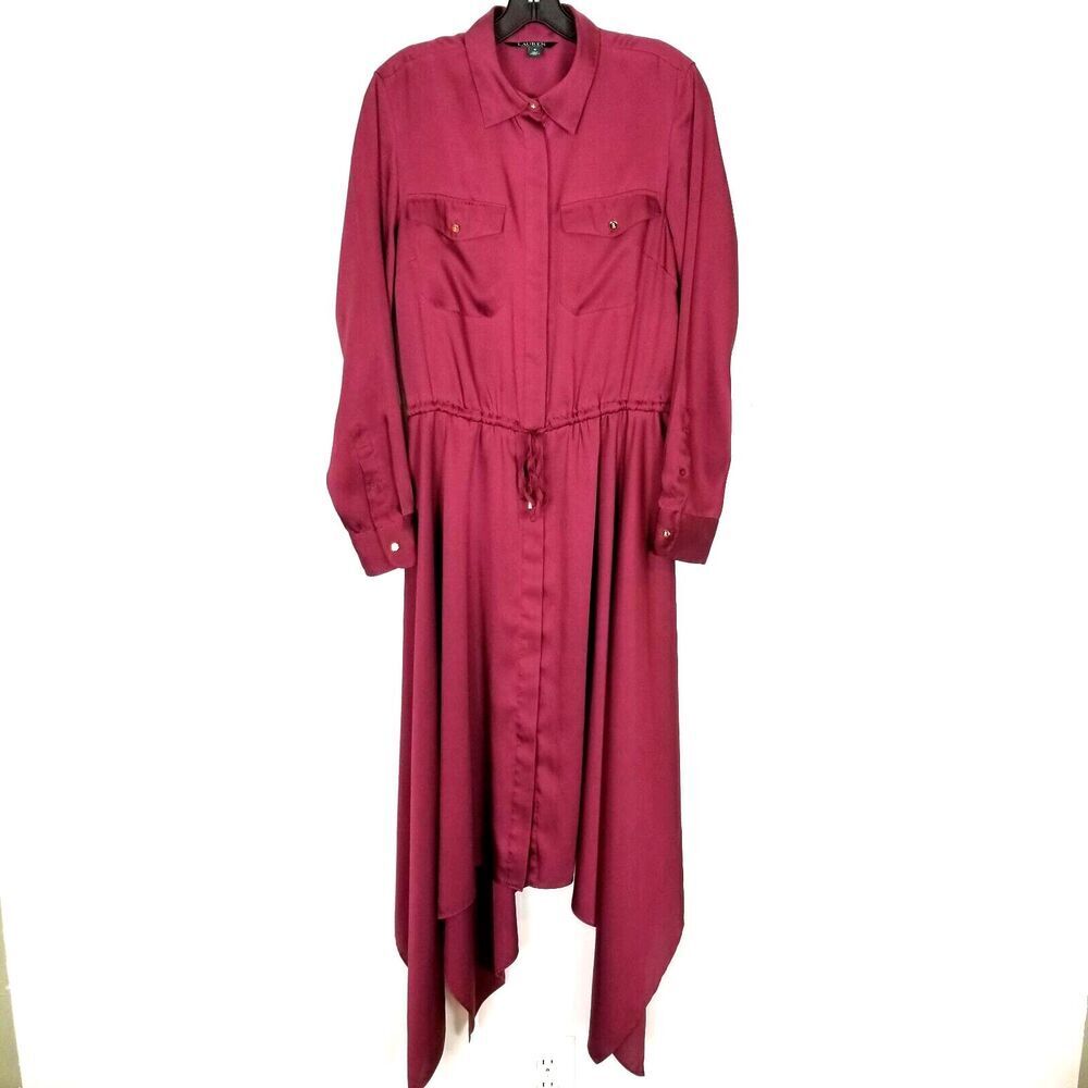Ralph Lauren Womens Satin A-Line Dress Sz 8 Red Asymmetrical Hem Button Up Party